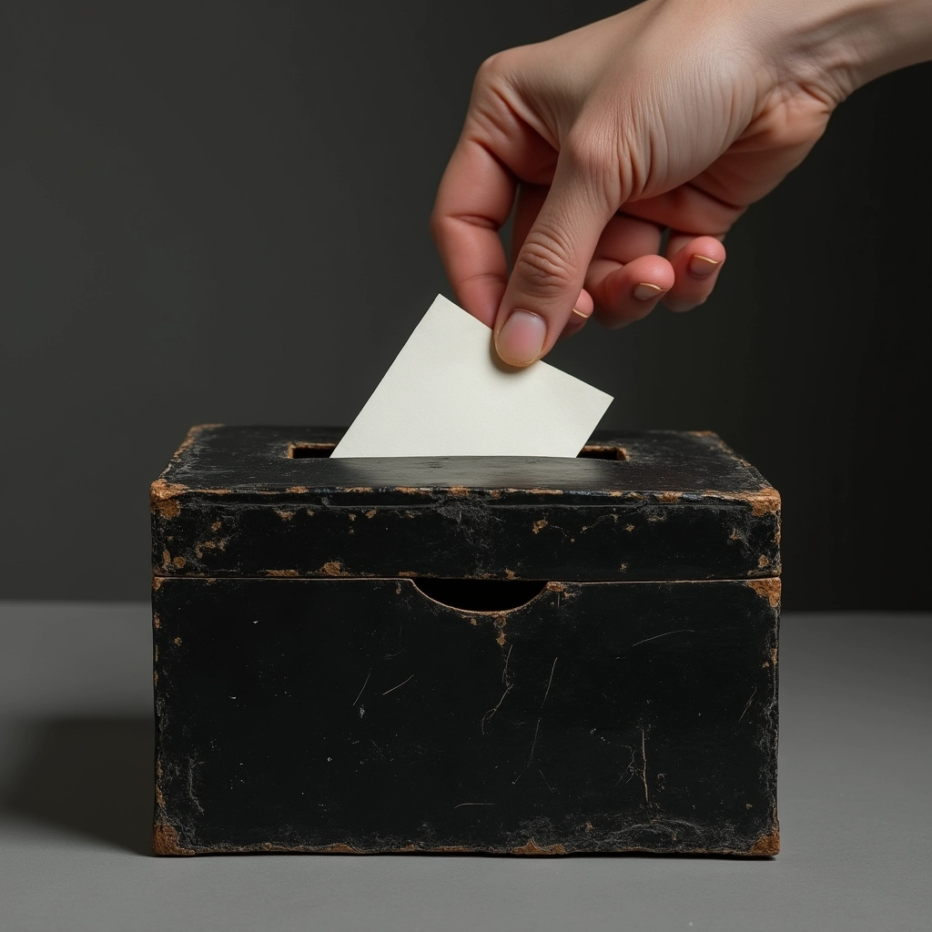A shabby black box with a slit on the top and a hand...