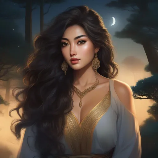 Prompt: Yuan Ti, highest quality anime art masterpiece, digital drawing, Azerbaijani woman with long black thick wavy messy hair:vistani, round face, broad cheeks, sad in a forest on a dark foggy night, big brown eyes, tanned skin:2, waxing moon, huge long wide broad hooked greek aquiline algerian oriental arabic nose, ethereal, jewelry set, highres, realistic, highly detailed, fantasy, gypsy, roma, D&D, Ravenloft, by Ilya Kuvshinov