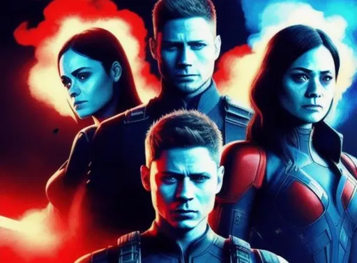 Prompt: Great heroes, their faces are not known, but they save the world everyday, but also kill many people. Work with blue and red, add smoke and explosions and make it epic. Add Jensen Ackles, Zazie Beetz, Shah Rukh Khan, Pom Klementieff and Rhea Ripley