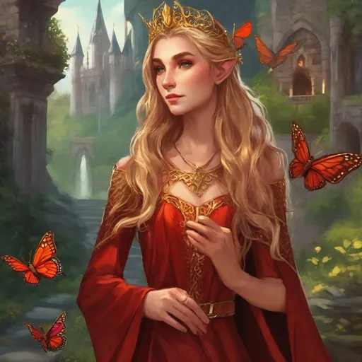 Prompt:  A beautiful elf queen. She wears a red Elizabethian dress. A golden belt. She has butterfly wings. She has long light brown hairs. In background a fairy castle. Changeling the dreaming art. Rpg art. 2d art. 2d.