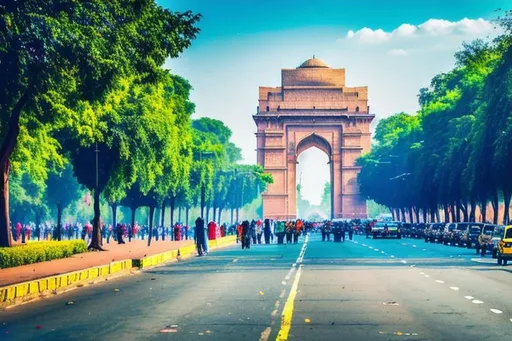 Prompt: India Gate Delhi, bright sunny day, blue skies with some clouds, moderately busy with people, few cars on the street, black and yellow taxis, photorealistic, cinematic shot, film grain