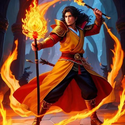 Prompt: Full-body detailed masterpiece, fantasy, high-res, quality upscaled image, perfect composition, head shot, subject of this image is a fire Gensai from dungeons and dragons with their left hand holding a small flame, and a wizard staff being held by their right hand. , athletic torso, 18k composition, 16k, 2D image, cell shaded, athletic torso, desert dunes night time background, red fire aura, desert, night, arcane, heroic, hyper quality, detailed face