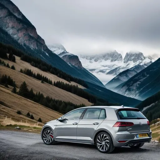Prompt: 8k image of grey volkswagen golf, soft lighting, mountains in background, mist in front of mountains but behind car
