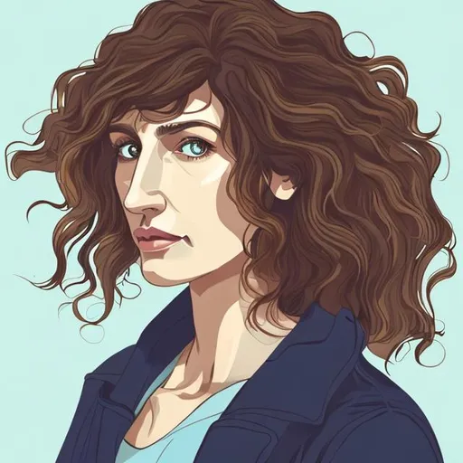 Prompt: middle aged woman with long face, big nose, long brown wavy hair, and blue eyes. illustrative style
