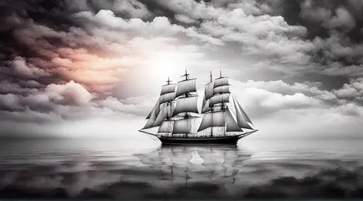 Prompt: schooner floating through a sea of clouds in the style of rainbow gothic black and white to rainbow 