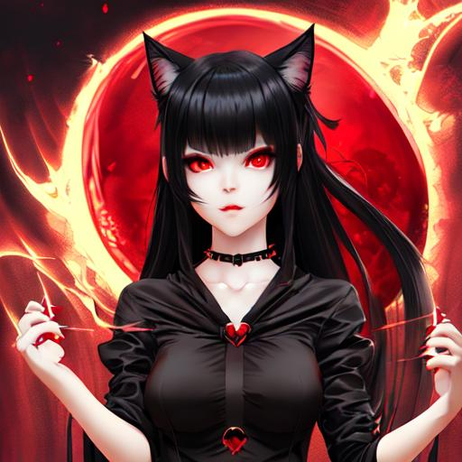 Cute Girl Neko Body Position Black Hair Red Eyes Openart