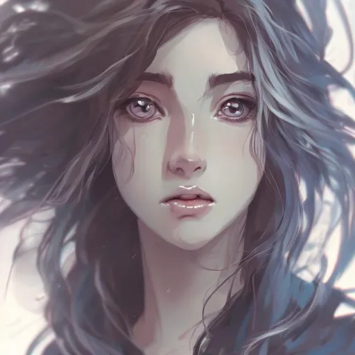 Prompt: portrait of a person, close up of face, wide dreamy eyes and flowing hair, facing camera, concept art and anime style