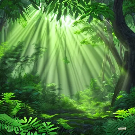 Prompt: a dark and green beautiful forest with sunrays shining through the leaves. cartoony digital art