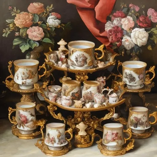 Prompt: coffee table with coffee cups and a lot of french pastry, oil painting, 17th century style