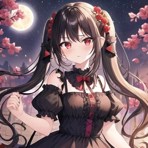Prompt: (masterpiece, best quality:1.2), illustration, absurdres, highres, extremely detailed, 1 girl, black long hair, pigtail, red eyes, eye highlights, look angry, dress, short puffy sleeves, frills, outdoors, flower, fluttering petals, upper body, (moon:1.2), night, depth of field, (:d:0.8), chromatic aberration abuse,pastel color, Depth of field,garden of the sun,shiny,red tint,(purple fog:1.3)