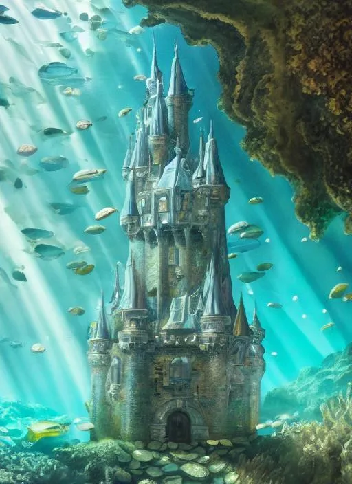 Prompt: A landscape painting of an upside down mother-of-pearl iridescent castle underwater, perfect composition, hyperrealistic, super detailed, 8k, high quality, trending art, trending on artstation, sharp focus, studio photo, intricate details, highly detailed