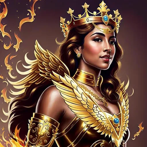 Prompt: A beautiful queen wearing crown,  fire wings large sized on her back, wearing golden guilded armour, golden pants, golden boots, a golden ornate sword on her right hand, a golden shield on her left hand, she is floating mid-air, her brown colored hair floating with winds, phoenix queen, tanned skin, beautiful brown eyes.