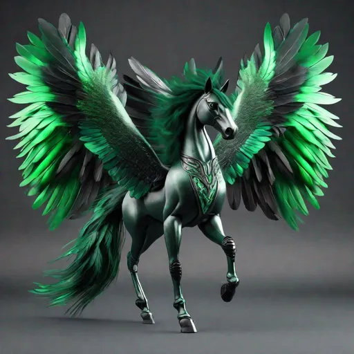 Prompt:  small twisted pegasus animatronic hybrid, with focused emerald eyes. They identify as a Male. Emerald colored feathery wings and tail. dark Green ombre mane and tail. UHD, HD, 4K, green haze, green and black coat, anime