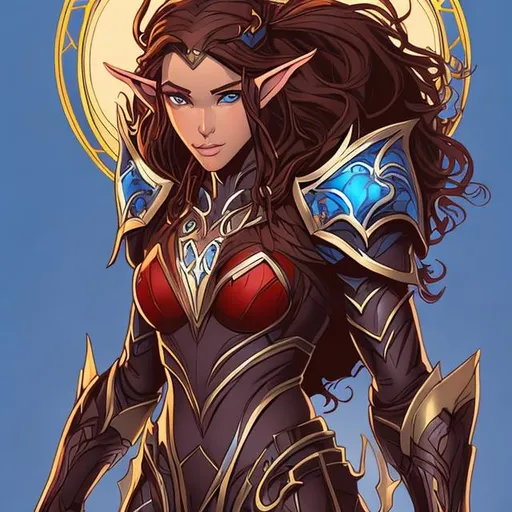 Prompt: Half-elf woman,athletic, paladin, black hair, beautiful face, blue symmetrical eyes, symmetrical hands, red armor, style of J Scott Campbell