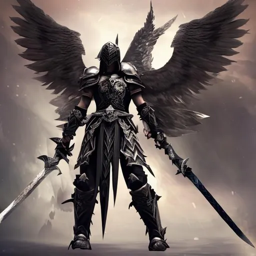 Prompt: fallen angel. black wings. gladiator armor. sword in hand