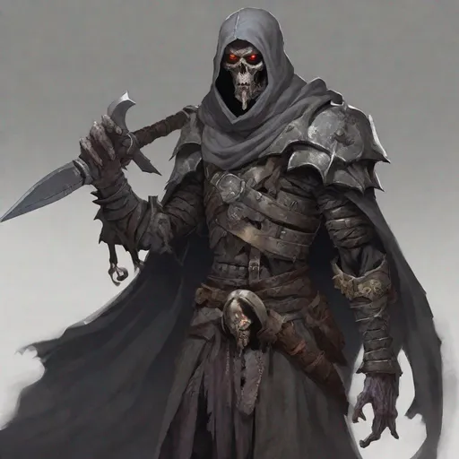 Prompt: Tall, grey zombie male, with face completely covered with dark robed heavy armor and a with a dark mask that covers everything but his eyes modeled after a  barbarian path of the zealot and undying warlock using a very large greataxe based on dungeons and dragons fifth editon