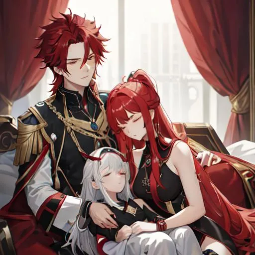 Prompt: Zerif 1male (Red side-swept hair covering his right eye) watching over Haley while she's asleep in his lap, casual wear