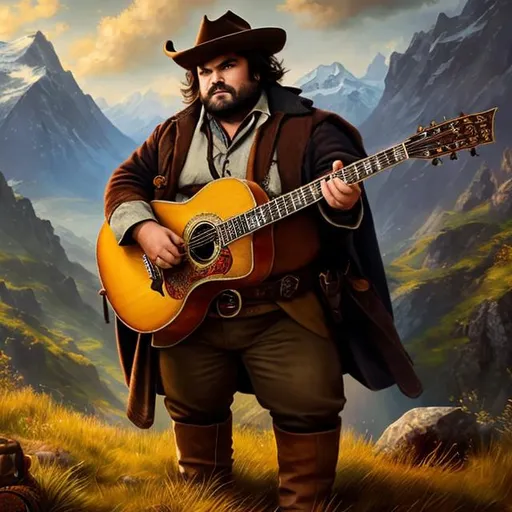 Prompt: Jack Black as a hobbit dressed as Arthur Morgan, Guitar, cowboy outfit, {{{Masterpiece}}}, 4K, painting, traditional art,