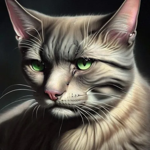 Prompt: Hyper realistic old cat with sad looking green eyes staring at you