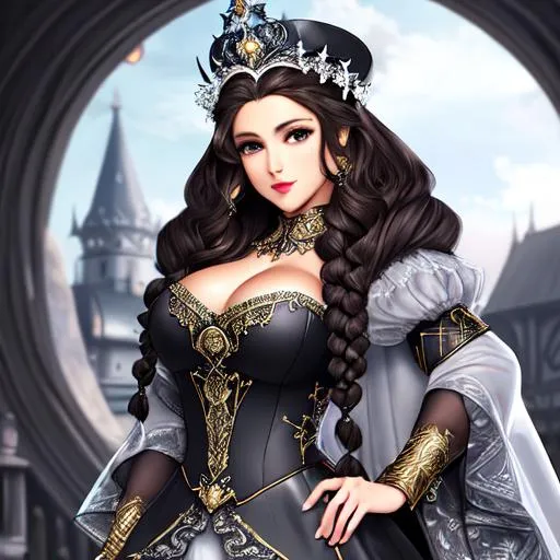 Prompt: Full-body detailed masterpiece, fantasy queen, gray gloss beautiful lips, detailed curly brown hair, unique detailed hairstyle, high-res, quality upscaled image, perfect composition, beautiful pointed ears, large beautiful complex crown surrounding domed hat, beautiful detailed silver dress with dark gray diamond pattern, anime style, extremely dark brown skin, four braids