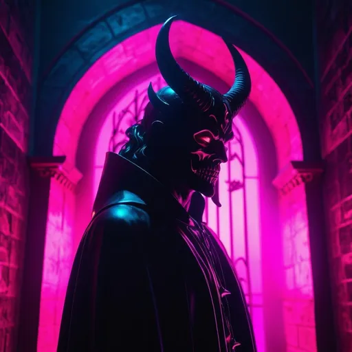 Prompt: demon, hell, demonic, gothic, vaporwave, retro, neon, aesthetic, liminal, high quality, high definition, beautiful, dramatic lighting