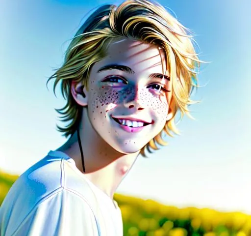 Prompt: Hyperrealistic Hyperrealism front view of face (headshot) (straight forward view) facing camera Beautiful young teen boy, (kid cole sprouse)+++ blond boy, straight hair, happy eyes, innocent, boy model, 16 years old, pretty, cute, freckles, cinematic lighting, blue sky, bright colors, blue, green, yellow, white,  luminous, hyperdetailed, great composition, professional, artstation award