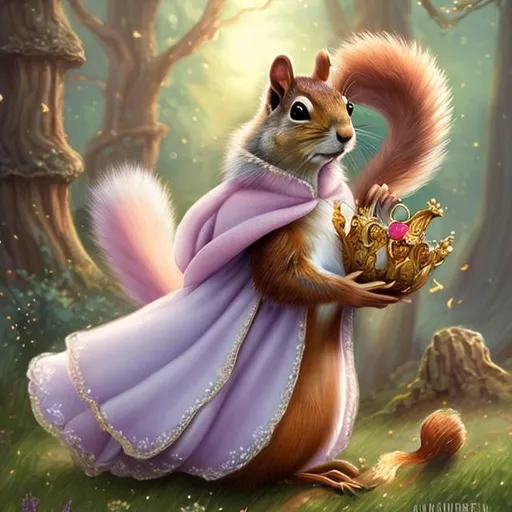 Prompt: A squirrel wearing a princess dress, fantasy illustration