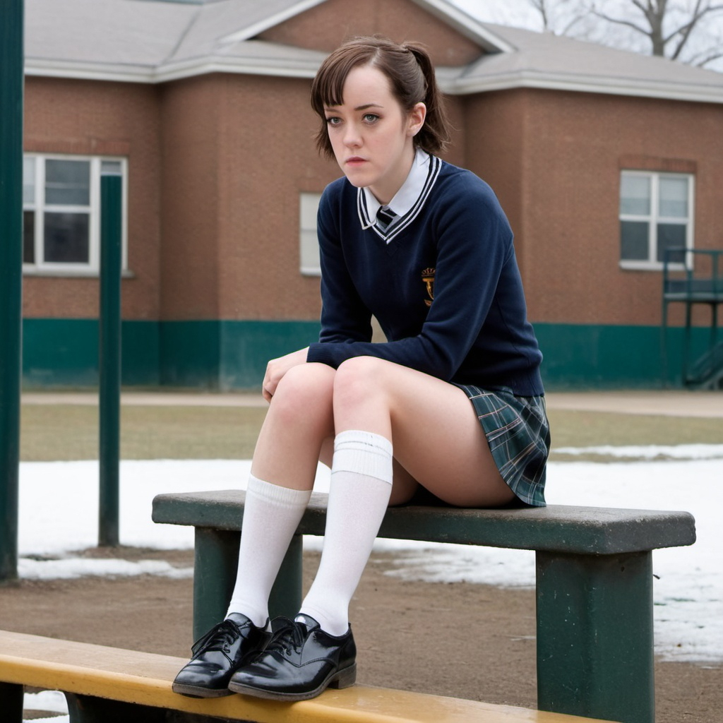 Image AI: Open Art: Jena Malone as a tall brunette Schoolgirl hair in a ponytail with cold bare legs, plain white socks, a very short navy skirt, and black shoes in the school playground sitting knees on a step during a very frosty day looking down freezing cold and very unhappy