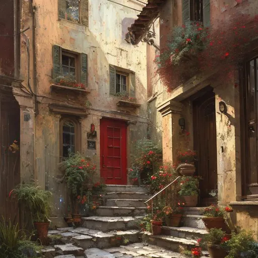 Prompt: rustic red door on stone steps, house plants everywhere, sunlight shining through a window, sunlight particles, Italy, alleyway, heavy brushstrokes, textured paint, impasto paint, intricate, cinematic lighting, oil painting, dramatic, 8k, trending on artstation, painting by Vittorio Matteo Corcos and Albert Lynch and Tom Roberts, Dreamy, stunning, by Jessica rossier, van Gogh, Thomas Wells Schaller, Enki Bilal, Harry Clark, James jean and Jean Baptiste monge. Extremely detailed and high definition. glossy shimmer. God's Ray. Beautifully lit."
