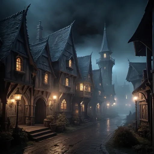 Prompt: Hyper-realistic night scene of misty Warhammer fantasy village, eerie atmosphere, detailed architecture, haunting mist, ominous glow, high quality, hyper-realism, fantasy, eerie lighting, detailed houses, misty atmosphere, atmospheric fog, ominous, detailed scenery, fantasy architecture, night setting, mysterious, professional, realistic lighting