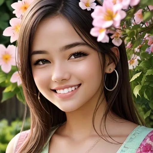 Prompt: a beautiful girl in beautiful garden, radient smile showing teeth, facial closeup
