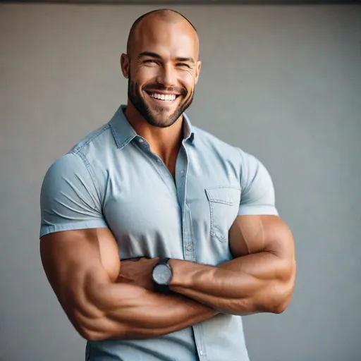 Prompt: Professional waist-up photo of a attractive, tan, muscular balding guy with a buzz cut and large glutes, wearing a short-sleeve button-up shirt with a single chest pocket,  tight jeans, {defined shredded musculature, broad shoulders, wide back}, smile, center frame, bright light, intricate detail, best quality, uhd, 4k, symmetry  