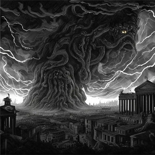 Prompt: it's Rome but in a Lovecraft story. Seen by the sky.
With darkness in form of black fog that envelope the city and shadow all around.
The shadow of a big shadow monster, with claws dangerous on the city, it is on the background behind the cloud and thunder creates spot of light. Only the eyes of the monster are illuminated.
Look like a Dave McKean artstyle but colored by Marvel artist.
Main colors are black, white, blue and green