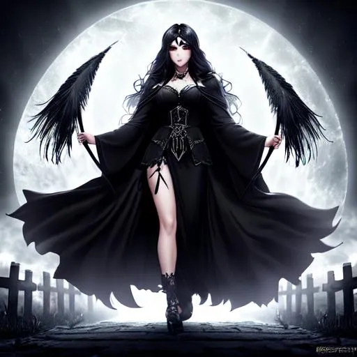 Prompt: Please create an image of a beautiful necromancer standing in a dark and ominous graveyard. The necromancer is dressed in a flowing, dark robe with intricate patterns, and she is holding a fan made of black feathers. She has long, flowing hair that is as dark as her robe, and her eyes are a piercing green that seems to glow in the darkness. The graveyard is filled with tall, looming tombstones that cast eerie shadows on the ground, and the sky above is a deep shade of purple and blue with a full moon shining bright. In the distance, you can hear the faint sound of howling wolves and cawing crows. The necromancer seems to be lost in concentration, with a focused expression on her face. Perhaps she is summoning the spirits of the dead, or casting a powerful spell