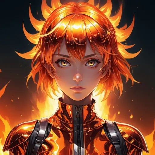 Prompt: Anime illustration of a girl in a metal fire outfit resembling the sun, vibrant and metallic color palette, intense flames surrounding her, detailed metallic texture with fiery reflections, intense and focused gaze, high-tech futuristic setting, best quality, highres, ultra-detailed, anime, vibrant colors, fiery, futuristic, detailed texture, professional, atmospheric lighting