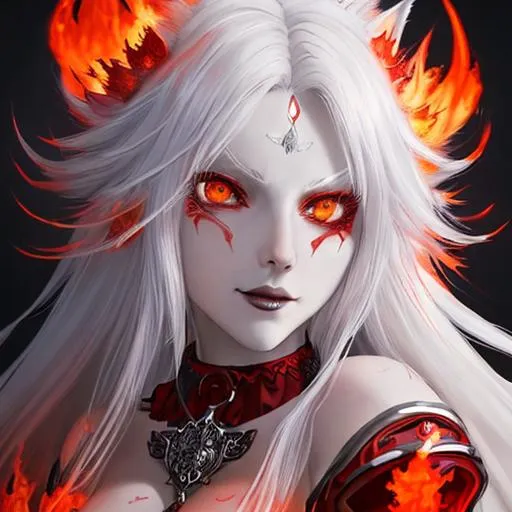 Prompt: (masterpiece, illustration, best quality:1.5), insanely beautiful white haired wolf girl made of red fire, knight, evil grin, made of red fire, radiating red fire, hair made of red fire, choker, goth, global illumination, night, finely detailed, alert, detailed face, beautiful detailed eyes, beautiful defined detailed legs, beautiful detailed shading, highly Detailed body, full body, red fire halo, body radiating with red fire, billowing wild fur, red fire body painting, fire elemental, radiating red fire, red fire atmosphere, full body focus, beautifully detailed background, cinematic, 64K, UHD, by Yuino Chiri