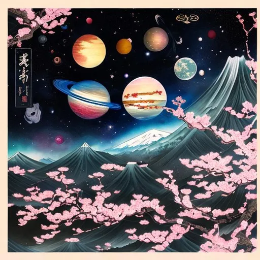 Prompt: Cd cover = depicting deep space and cherry blossoms in Japanese painting style

 in the background 