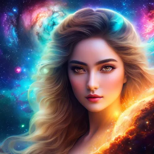 Prompt: create photograph of most beautiful fictional summer female goddess princes with beautiful eyes and hair, extremely detailed face, space and planets an nebulae in sky highly detailed, extremely detailed environment, extremely detailed background, intricate, extremely detailed skin, natural colors , professionally color graded, photorealism, 8k, realistic, moody lighting, ambience lighting
