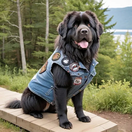 Prompt: newfoundland dog wearing a heavy metal music denim vest with patches