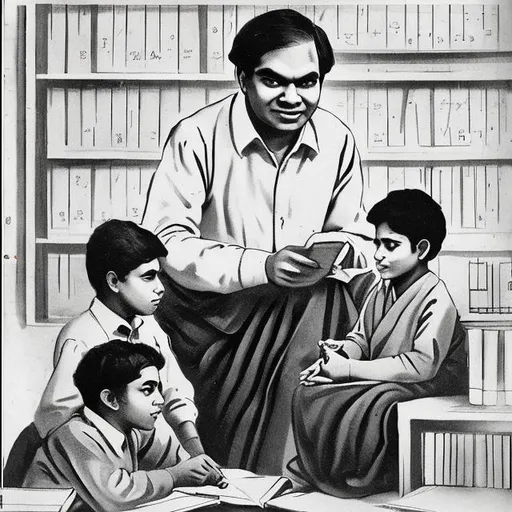 Prompt: Create an image of Mathematician Ramanujan teaching young kids 
