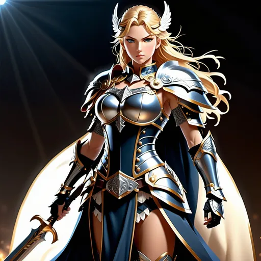 Prompt: Detailed anime illustration of a Nordic Victorian Valkyrie warrior, perfect autonomy body shape, muscular slim tone, full body view angle, intricate armor details, elegant flowing cape, intense and powerful stance, high-res, ultra-detailed, anime, Victorian, Nordic, Valkyrie, detailed armor, powerful stance, elegant design, professional, dramatic lighting