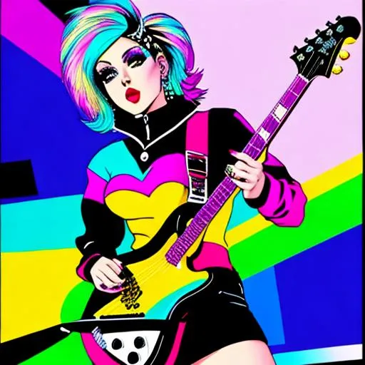 Prompt: Retro transgender girl punk rock 70's vibe trippy comic style pop art goth punk fashion confident trans flag colors
