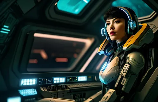 Prompt: a cyborg in a spaceship cockpit , ghost in the shell, high details, realistic, professionally colour graded, photorealism, 8k, pixiv, tumblr, instagram, deviantart, art by sakimi chan