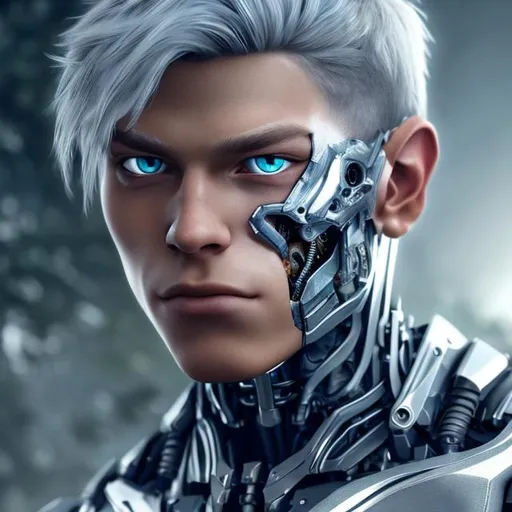 Prompt: Young male cyborg,blue eyes, silver hair, UHD, 8k, side view, muscular body, very real, Very detailed, panned out, 32k, his face is visible, waterfall in flower meadow background