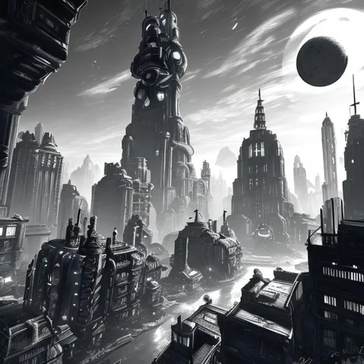 Prompt: monochrome, bioshock infinite floating cities, scifi, hive city