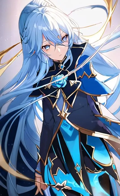 Prompt: light blue hair, long hair, blue rose, gold eyes, black tights, light blue blouse, blue plume, flowing cape, Genshin Impact, Eula Lawrence