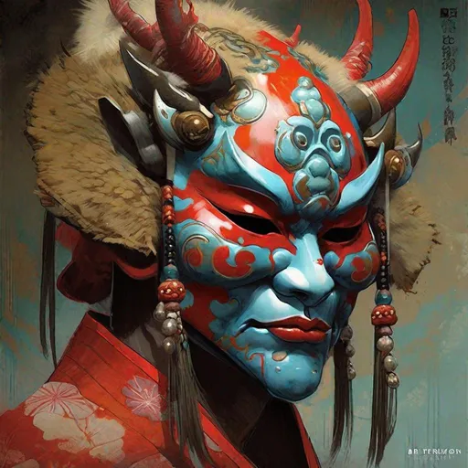 Prompt: ""Gorgeous Portrait of a Kabuki Oni Mask" : artwork By Joe Fenton, Alejandro Burdisio, Greg Tocchini, Jean Baptiste Monge : highly detailed : hyperrealistic : Splash art : volumetric lighting : Portrait in colors""""