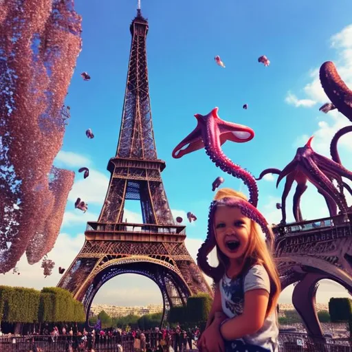 Prompt: Eiffel Tower with squid and donkeys
