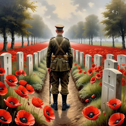Prompt: War graves in Belgium and Holland, soldiers paying respects, fields of red poppies, somber atmosphere, realistic oil painting, high detail, respectful tribute, solemn moment, historical homage, traditional art style, muted earth tones, soft natural lighting