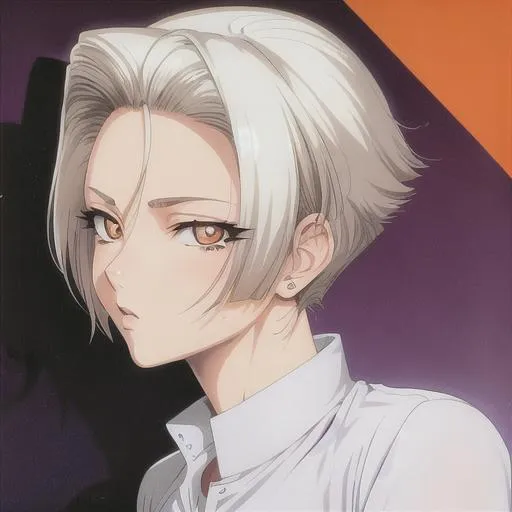 Prompt: 90s anime style, by Shinichiro Watanabe, detailed, intricate face, detailed eyes, gentle tones, 90s tones, a beautiful mature woman, short white hair, orange eyes, black pupil's 